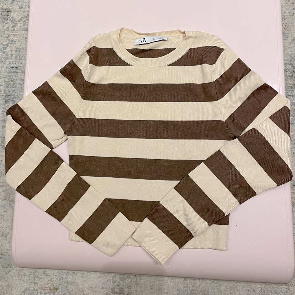 Zara Two-tone brown knit cropped shirt